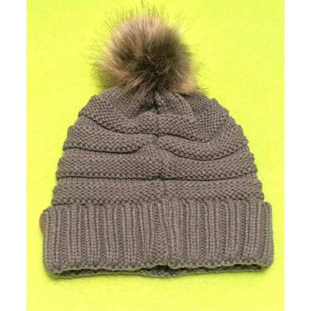 Grey Gray Furry Fur Pom Pom Beanie Hat Snow Winter Ski Gorpcore